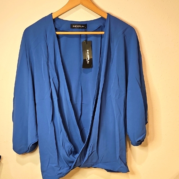 NWT Incerun Mens Sexy Blue Draped Blouse With Puffy Sleeve Sz. M  or Womans L - Picture 1 of 4